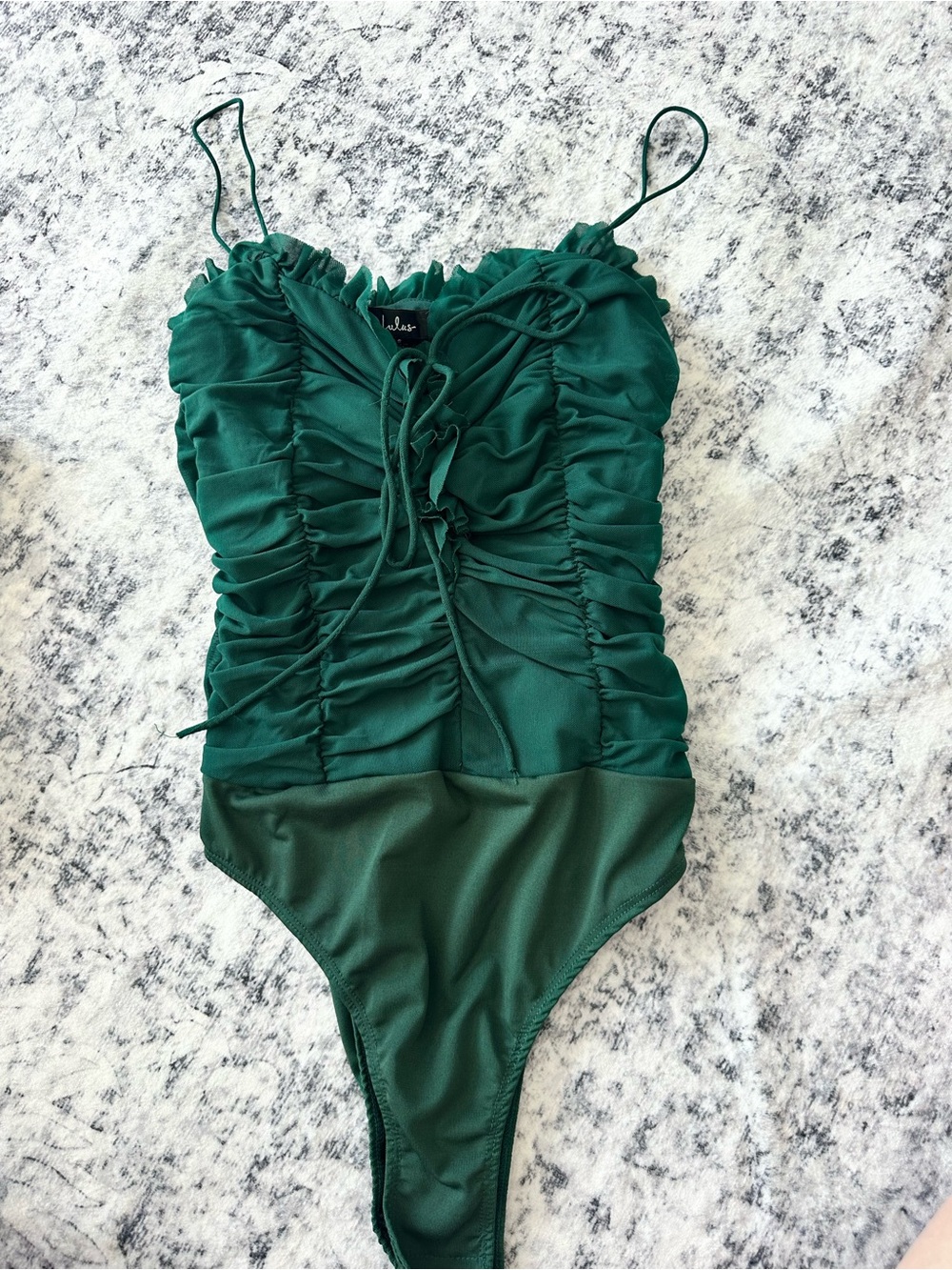 Lulu's Dark Green Ruched bodysuit perfect for a Christmas party!